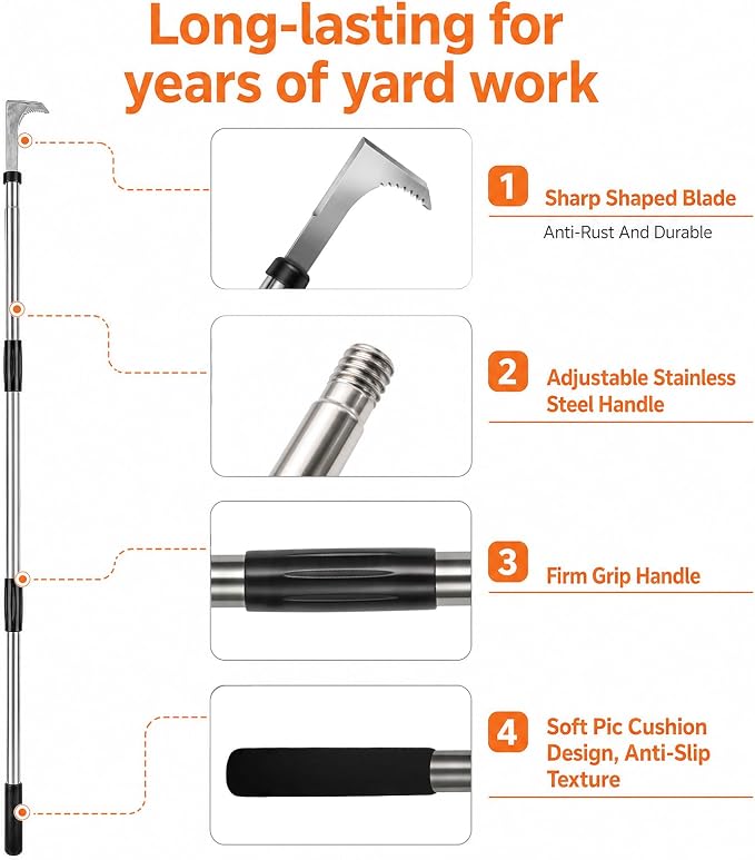 HORM 47.24'' Crack Weeder, Stainless Steel Manual Crevice Weeding Tool, Long Handle Weed Grabber Remover, L-Shaped Manual Weeder Puller, Durable Crevice Weeding Tool for Sidewalk Garden Lawn