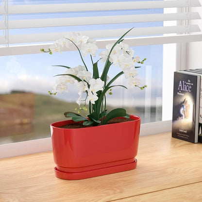 13" Rectangular Ceramic Planter with Drainage and Saucer, Red | Indoor Outdoor Use, 13"L x 5.5"W x 6.3"H, Modern Home Decor, Window Box Planter, Red Glossy Finish