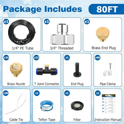 Mellbree Misters for Outside Patio 80FT/24M, Pre-Assembled Misting Cooling System with 24 Brass Nozzles & 3/4" Adapter, Outdoor Mister for Garden, Backyard, Pool, Greenhouse, Play Zone, Trampoline