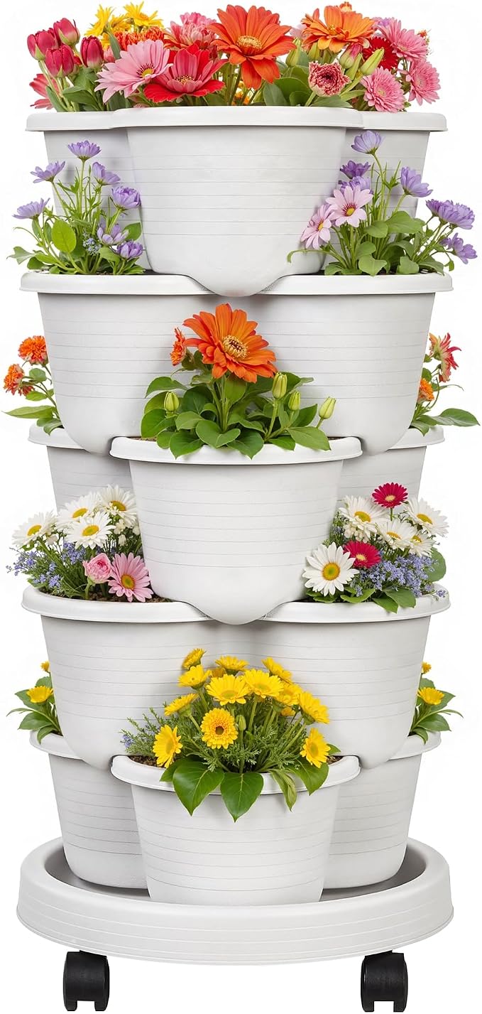 VECELO 5 Tier Vertical Garden Planter, Self Watering Stackable Planters with Wheels for Strawberries, Herbs, Flowers, Vegetables, Gray