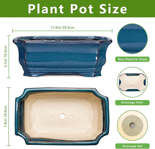 Bonsai Pots 11.6 Inch - Ceramic Succulent Pots with Drainage Hole, Rectangular Planter for Indoor Outdoor, Decorative Ceramic Flower Pot, Home Garden Room Decor, Plant Lover Gifts, Retro Blue