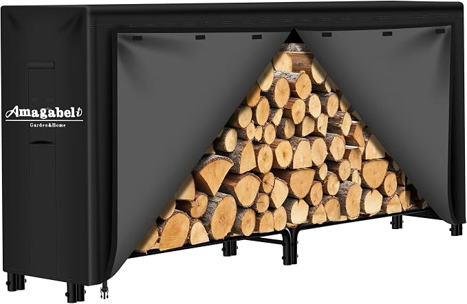 AMAGABELI GARDEN & HOME 8ft Firewood Cover Waterproof Log Rack Cover Outdoor Wood Rack Cover Heavy Duty 600D Oxford Firewood Storage Cover Fire Wood Holder Cover Black