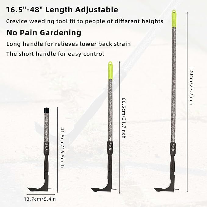Crack Weeder, Long Handle Crevice Weeding Tool, 48" Efficient Weeder Tool Stainless Steel Weed Grabber Remover, Manual Weed Puller for Sidewalk, Paver, Narrow and Wall Gaps Remove Moss Weeds