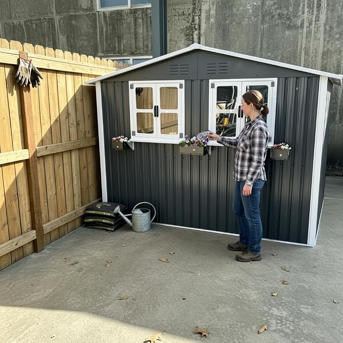 6x9 FT Outdoor Storage Shed with 2 Clear Openable Windows,Waterproof Metal Building Backyard Shed w/Windowsill & Garden Bed Flower Rack,Lockable Double Doors Tool Shed,for Yard,Coal Gray
