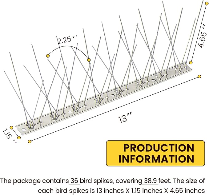 KKY 36 Pack Bird Spikes 13 inch Anti-Bird Nails Repellent Metal Deterant Spinners for Pigeon 38.9 Ft