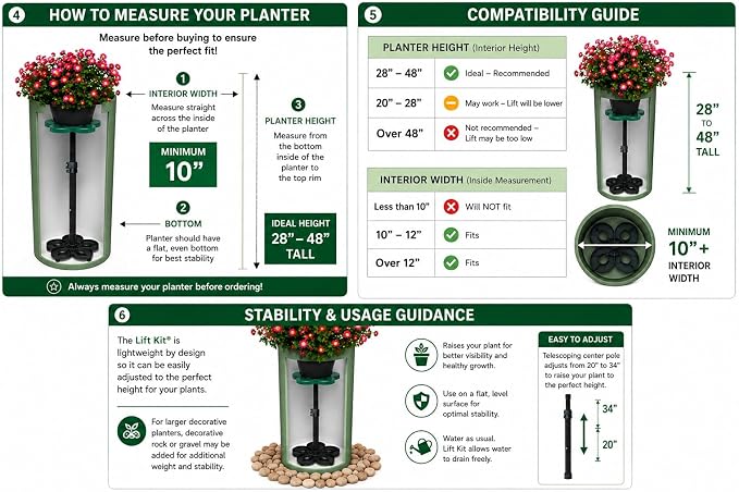Lift Kit Planter Insert XL Tall Column Plant Riser Fill Bottom of Tall Flower Pots and XL Plant Containers | Indoor and Outdoor (20-34" Rise, 10" Base, 10" Top)