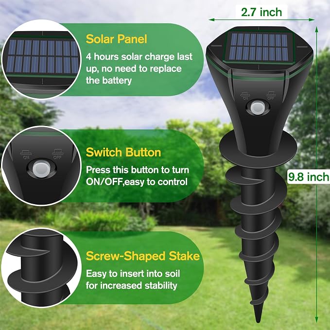 Mole Repellent Solar Powered, 6 Pack Ultrasonic Gopher Repeller IP65 Waterproof for Lawn Garden Yard, Sonic Vole Repellent Mole Killer Outdoor Get Rid of Snake Groundhog Chipmunk Squirrels-Black
