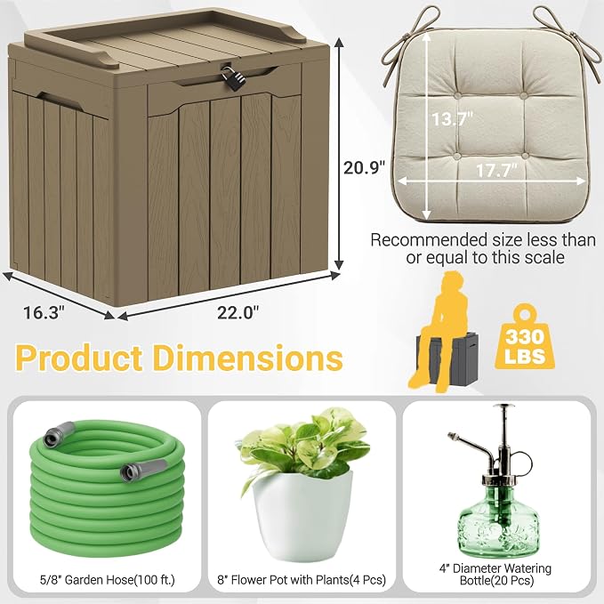 Greesum Outdoor Storage Box 31 Gallon Storage Box with Lid for Patio Furniture, Garden Tools, Pool Supplies, Waterproof and UV Resistant, Lockable, Light Coffee