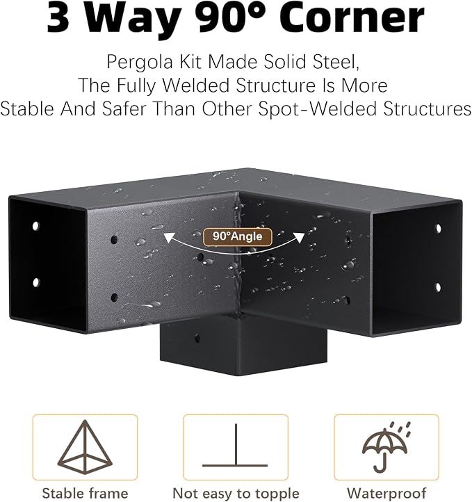 Pergola Kit, 3-Way Pergola Brackets for 4"x 4" (Actual 3.5" X 3.5") | Heavy Duty, DIY Post Base Kit, Easy Installation, For Gazebos, Patio Pergolas, Log Cabin