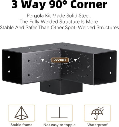 Pergola Kit, 3-Way Pergola Brackets for 4"x 4" (Actual 3.5" X 3.5") | Heavy Duty, DIY Post Base Kit, Easy Installation, For Gazebos, Patio Pergolas, Log Cabin