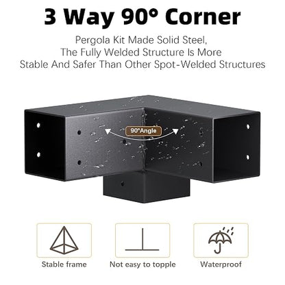Pergola Brackets, 3-Way Pergola Kit for 4"x 4" (Actual 3.5" X 3.5") | Heavy Duty, Durable & Weather-Resistant Construction, Right Angle Corner Bracket with Black Powder Coated (4Pcs 3-Way)