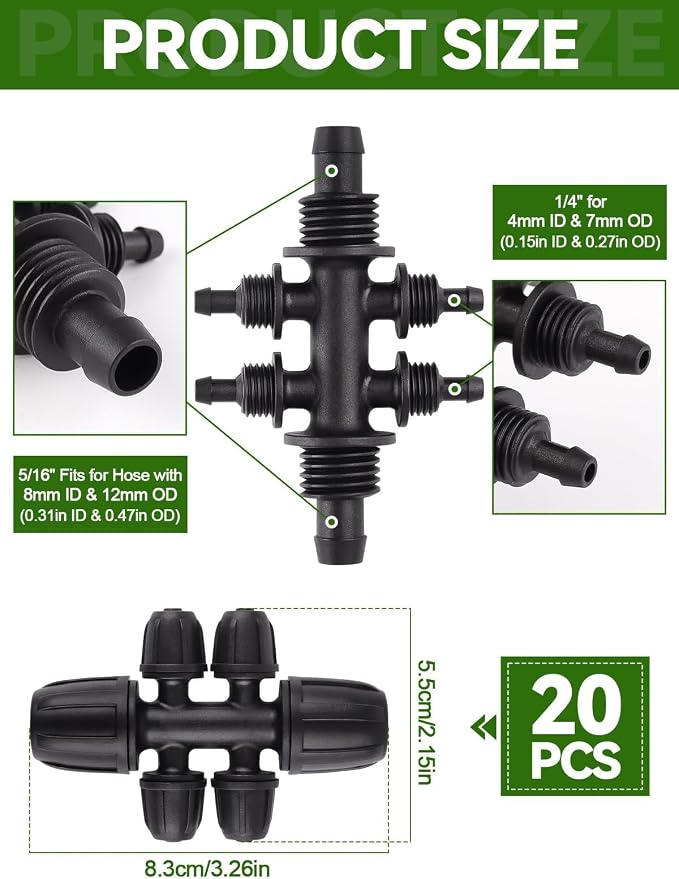 20PCS Locked Barbed Tee Connectors, Kalolary 5/16" to 1/4" Drip Irrigation Fittings Kit 8/12mm to 4/7mm Tube Lock Female Connector 6-Way Barbed Lock Irrigation Parts for Watering System (Black)