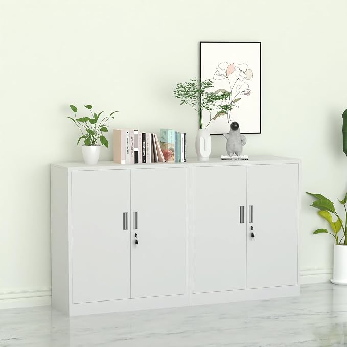 Metal Storage Cabinet with Locking Doors and 2 Adjustable Shelves, Small Lockable Steel Storage Cabinets for Home Office Garage Kitchen Pantry (White)