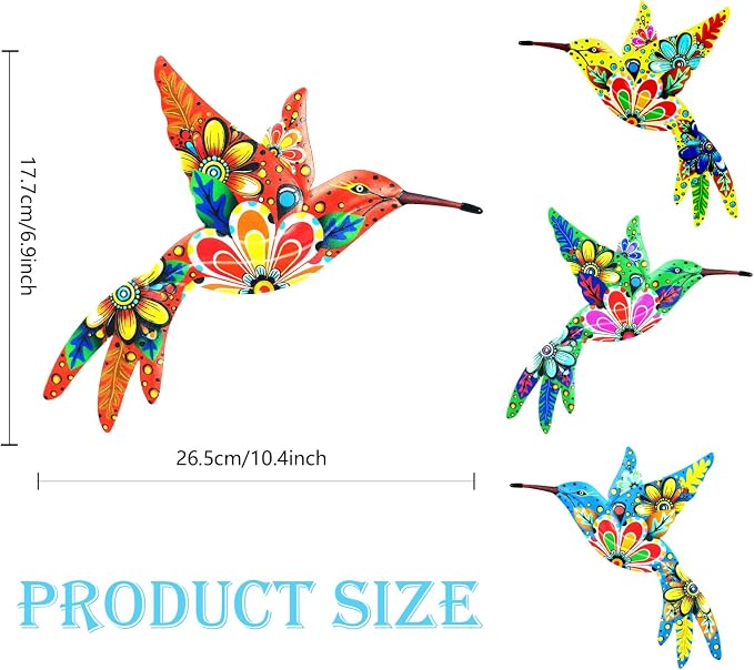 Cruis Cuka Outdoor Metal Wall Art Garden Decor for Outside Colorful Hummingbird Fence Art - (Set of 4,ColorFFX)