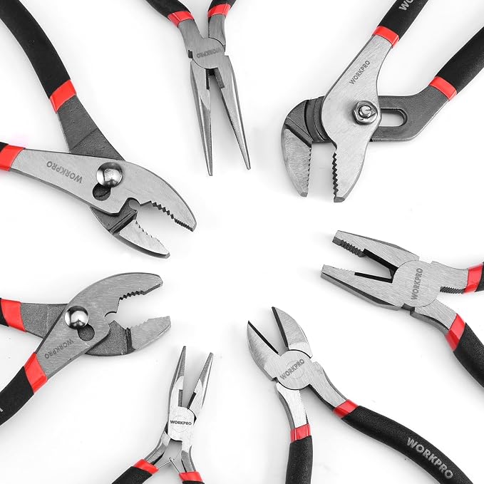 WORKPRO 7-piece Pliers Set, Black | Groove Joint Piler, Long Nose Piler, Slip Joint Piler, Linesman Piler, Diagonal Pliers for DIY & Home Use