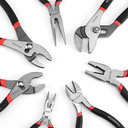 WORKPRO 7-piece Pliers Set, Black | Groove Joint Piler, Long Nose Piler, Slip Joint Piler, Linesman Piler, Diagonal Pliers for DIY & Home Use