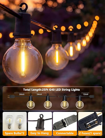 LED Outdoor String Lights, 50FT 25 G40 Bulbs Shatterproof Patio Lights | Waterproof, Dimmable, UL Certified, Plug-In, Connectable, Hanging Light for Backyard Porch Home Decor, Warm White
