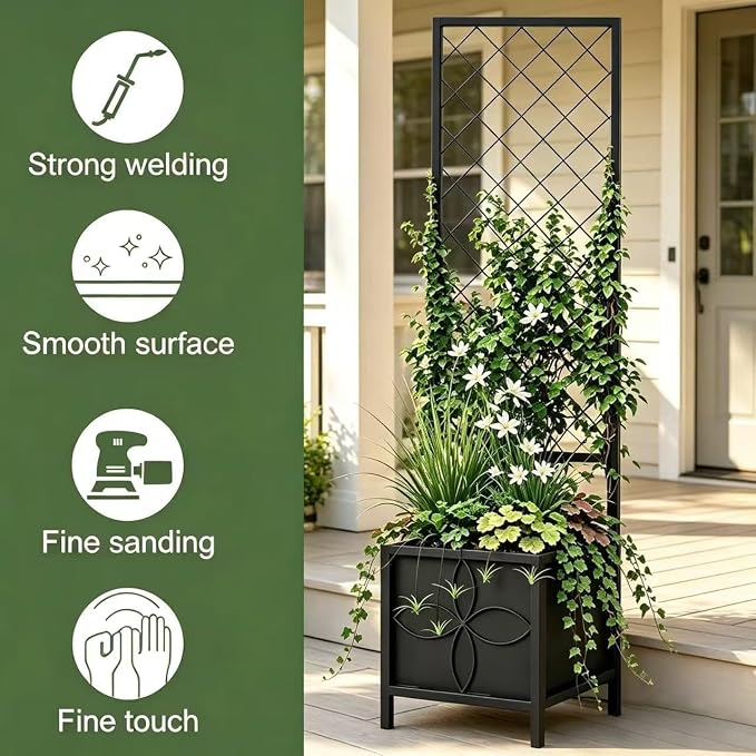 Zhongma 15.75 x 15.75 x 55 in Raised Garden Bed with Trellis,Heavy Duty Plant Box for Climbing Plants with Drainage Hole, Metal Lattice Planter Gardon Box with Inner Fabric Liners.