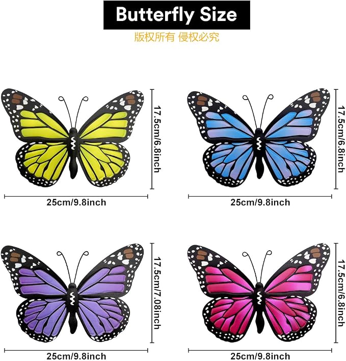 Metal Butterfly Outdoor Decor - 4 Pack 9.8in Butterflies Wall Sculpture Hanging Decor for Outside Home Yard Patio Fence Garden Decorations