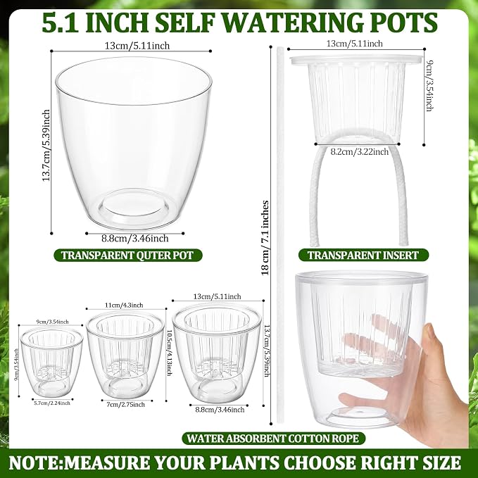 24 Pcs Self Watering Pots, 5.1 Inch Plastic Plant Pot with Inner Pot Self Watering Wick Planter Pots for Indoor House Plants, Flowers, Succulents (Transparent)