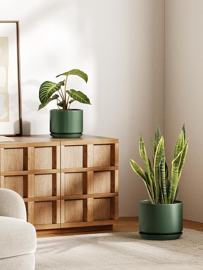 LE TAUCI Ceramic Plant Pots, Set of 2, 8+10 Inch Plant Pots Indoor with Drainage Hole & Saucer, Sturdy Planters for Indoor Plants, Modern Minimalist Decor for Snake Plant, Monstera, Green