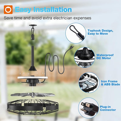 addlon 20 Inch Outdoor Ceiling Fan with Light for Patio, IP65 Waterproof Plug in Caged Hanging Fan, Remote Control, 3000-6000K Dimmable, 6 Speeds Reversible Outdoor Fan for Gazebo, Pergola, Porch