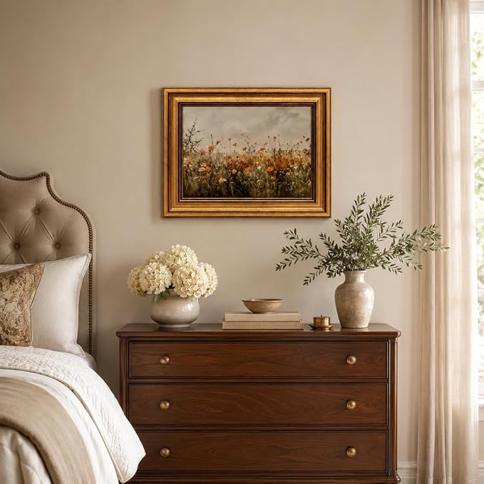 Devunaty Gold Framed Wall Art Vintage Flower Canvas Wall Art for Living Room Wildflower Field Nature Landscape Wall Decor Painting Picture Rustic Farmhouse Print Artwork Bedroom Bathroom Decor 12"x16"
