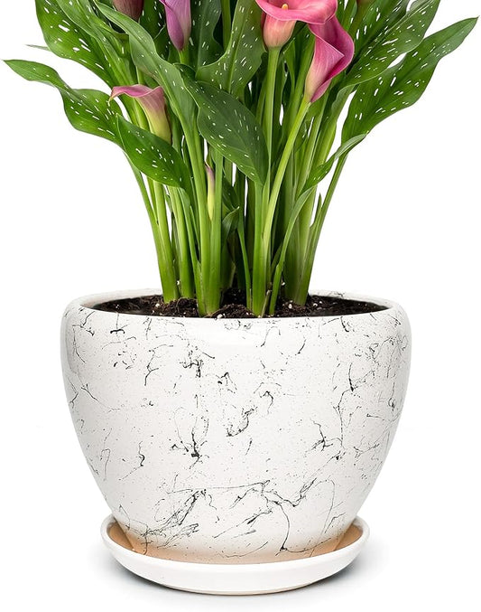 9.5 Inch Ceramic Plant Pot with Drainage Hole Mesh Net,Modern Gardening Pots for Indoor Plants with Saucer, White Silk