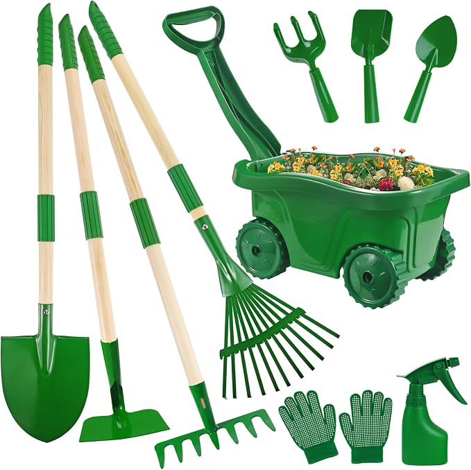 Kids Gardening Tools Set - 10Pcs Wheelbarrow Outdoor Yard Toys, Ages 3+ | Real Shovel Rake Hoe and Leaf Rake, Outdoor yard Play, Digging Weed Garden Educational Toys, Gift for Toddler Boys & Girls