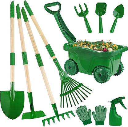 Kids Gardening Tools Set - 10Pcs Wheelbarrow Outdoor Yard Toys, Ages 3+ | Real Shovel Rake Hoe and Leaf Rake, Outdoor yard Play, Digging Weed Garden Educational Toys, Gift for Toddler Boys & Girls