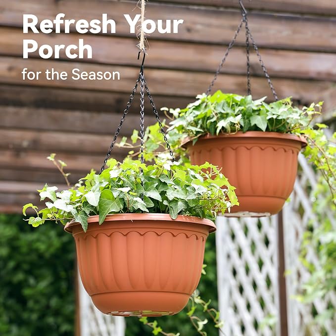 YIKUSH 12 Inch Hanging Planters for Outdoor Plants, 2 Pack Plastic Hanging Flower Pots with Drainage Hole & Tray, Hanging Basket Style Pots for Porch Patio Balcony Decor (Terracotta Color)