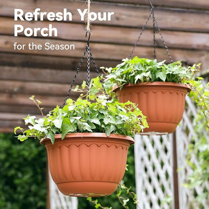 YIKUSH 12 Inch Hanging Planters for Outdoor Plants, 2 Pack Plastic Hanging Flower Pots with Drainage Hole & Tray, Hanging Basket Style Pots for Porch Patio Balcony Decor (Terracotta Color)