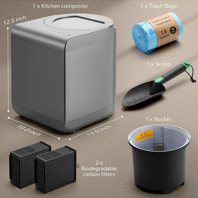Airthereal Revive R500-V Electric Kitchen Composter, Visual Glass Cover, Grey
