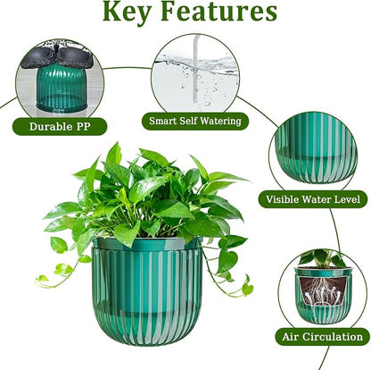 Halatool 8.3 Inch Hanging Pots for Plants Indoor- 2 Pack Self-Watering Hanging Planters Flower Pots, Plant Hanger with Hooks Drainage Holes for Garden Home (Green)