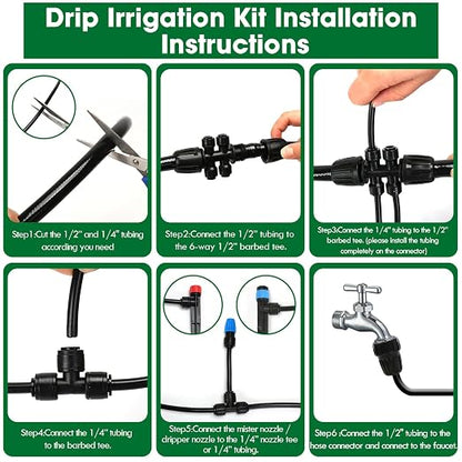 Drip Irrigation Kit, Flantor 190FT Greenhouse Drip Irrigation System Adjustable Garden Watering System with 1/2" & 1/4" Irrigation Tubing, Patio Misting Plant Watering System for Garden and Lawn