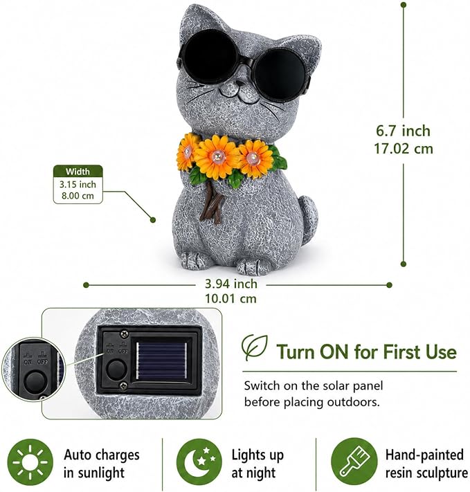 Solar Garden Statues Cat with Daisy and LED Lights Birthday Gifts for Women Mom Grandma Solar Outdoor Decor for Patio Backyard Yard Lawn Decoration-Unique Housewarming Gifts