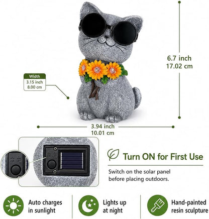 Solar Garden Statues Cat with Daisy and LED Lights Birthday Gifts for Women Mom Grandma Solar Outdoor Decor for Patio Backyard Yard Lawn Decoration-Unique Housewarming Gifts
