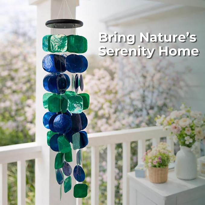 Solange & Frances Capiz Shells Wind Chimes for Outside. Patio Decor, Garden Decor Windchimes Outdoors. Unique Birthday Gifts for Women, Gift for Men, and Gifts for Mom Ideas (Peacock)