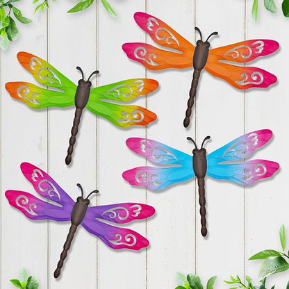 Outdoor Dragonfly Wall Decor, 4 Pcs 14.5‘’ Metal Dragonfly Wall Art Hanging Sculpture Decorations for Outside Yard Patio Fence Garden Exterior Decor