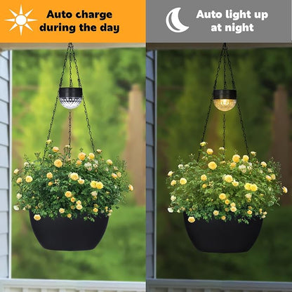 SUNNYPARK 2 Pack Solar Hanging Planters for Plants Outdoor | Self Watering, Black Flower Pots with Solar Light, Hanging Garden Planters with Drainer for Balcony Patio Outdoor Decor