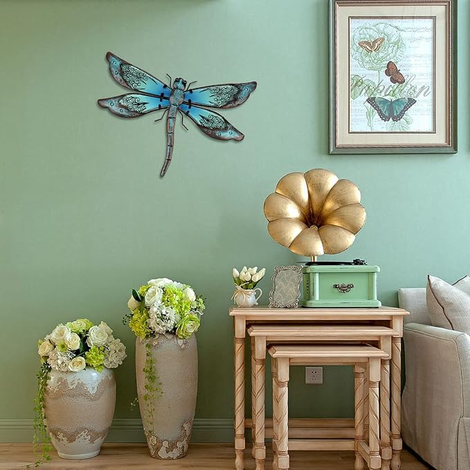 LIFFY Metal Dragonfly Wall Decor - Outdoor Garden Art for Patio, Living Room, Bedroom - Dragonfly Gifts (14inch, Metal & Glass)