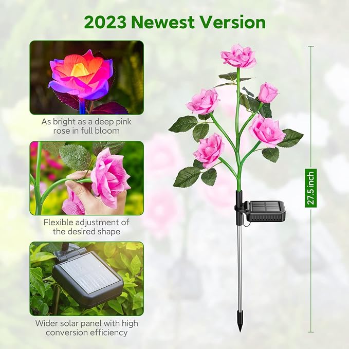 RECHOO Solar Garden Lights Outdoor, 10 Pack Solar Flower Lights with 50 Rose Flowers, Multi-Color Changing LED Waterproof Garden Decor for Landscape Pathway, Gifts for Women