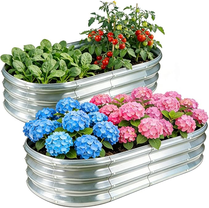 GOOZOO 2PC Galvanized Planter Raised Garden Bed, 4x2x1ft Silver | For vegetables, flowers, herbs, fruits. Oval metal box. Easy assembly. Rust-resistant galvanized steel.Outdoor use. 1ft depth