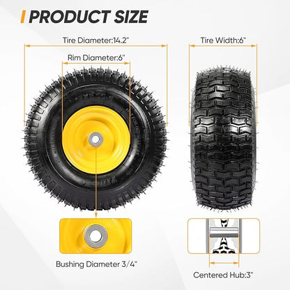2PCS 15x6.00-6 Tire and Wheel Assembly, 4 Ply Tubeless 15x6-6 Front Tire Assembly Replacement for Craftsman John Deere Husqvarna Riding Mowers, 500lbs Capacity, 3" Centered Hub, 3/4" Bushing