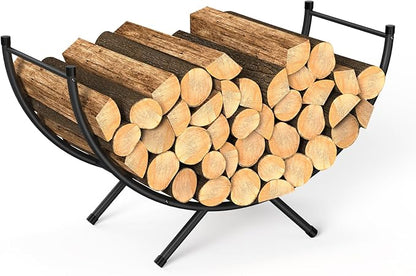 NANANARDOSO Curved Firewood Rack，33 inches Powder-coated Metal Fireplace Log Holder for Firewood Storage，Ideal for Indoor and Outdoor Fireplaces Wood Storage，Black