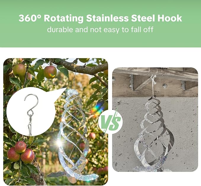 OFFO Bird Reflectors, 15.8 inch Double-Sided Reflective Bird Scare Devices with Stainless Steel Hook, Spiral Reflectors Outdoor Garden Decor for Tree Patio Farm Orchard Porch Pool Window, 8 PCS