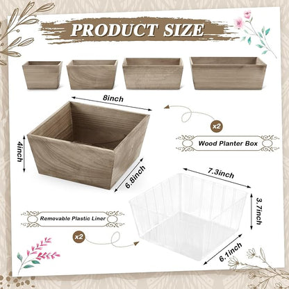 Dandat 2 Set Wooden Centerpiece Box for Wedding Table Decor 8 Inch Rustic Wood Planter Box with Removable Plastic Liner Flower Boxes for Party Wedding Baby Shower Home Garden Decor(Brown)