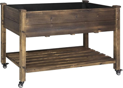Yardenaler 48x24x33in Raised Garden Bed Featuring Legs, Outdoor Elevated Wood Planted Box Equipped with Wheels & Shelf for Vegetable Flower, Backyard and Patio, Rustic