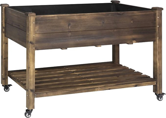 Yardenaler 48x24x33in Raised Garden Bed Featuring Legs, Outdoor Elevated Wood Planted Box Equipped with Wheels & Shelf for Vegetable Flower, Backyard and Patio, Rustic