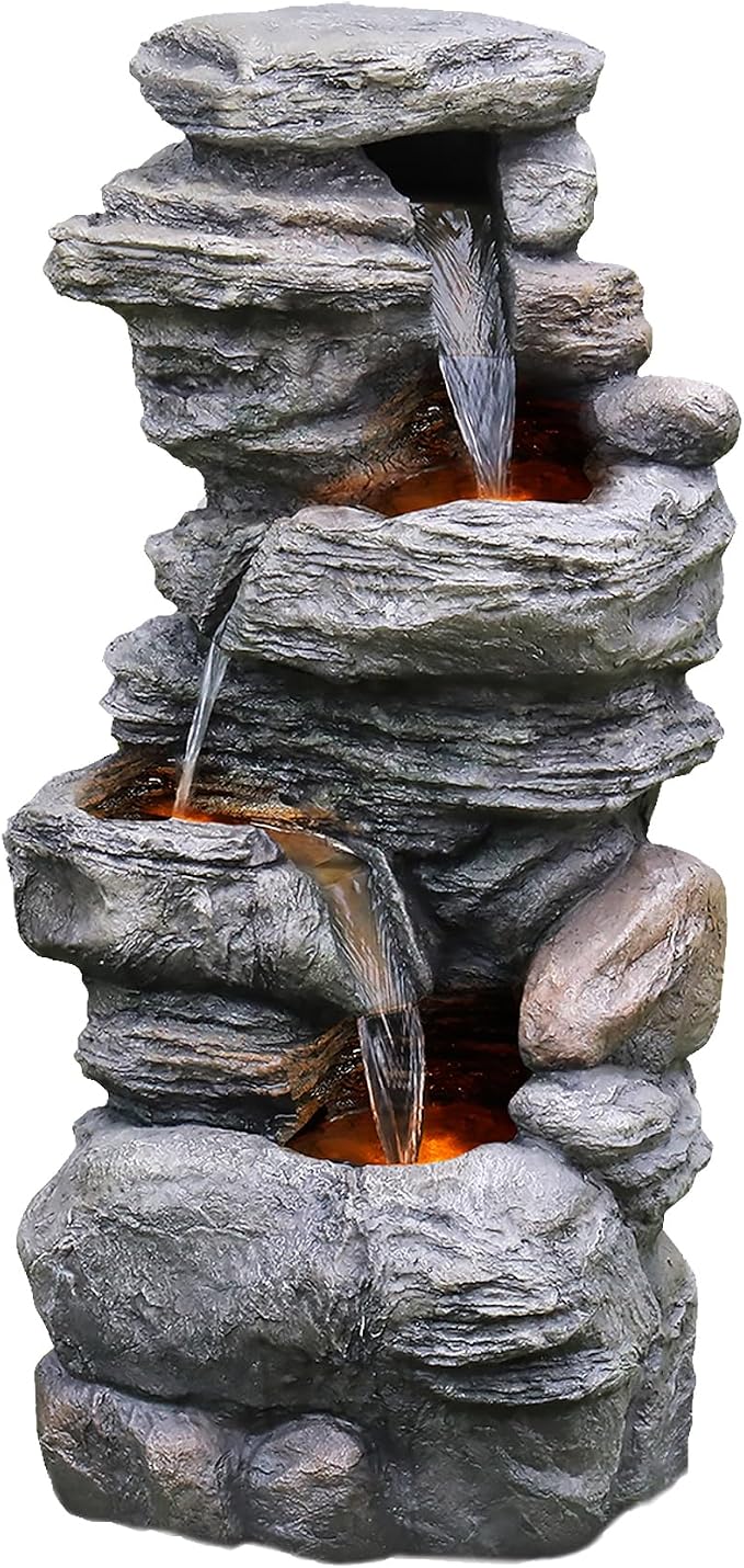 Teamson Home 39.37 in. Outdoor Faux Stacked Stone 4-Tier Water Fountain with LED Lights and Pump, Gray | Faux Stone, Patio Waterfall Feature, LED Lights & Pump, For Yard, Deck, Landscaping
